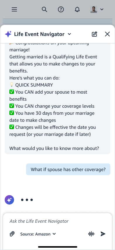 The employee asks a follow-up in plain language, What if my spouse has other coverage, and the assistant begins reasoning